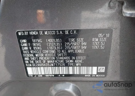 2018 Honda Hr-V Lx z USA, uszkodzony, nr VIN 3CZRU5H35JM717526